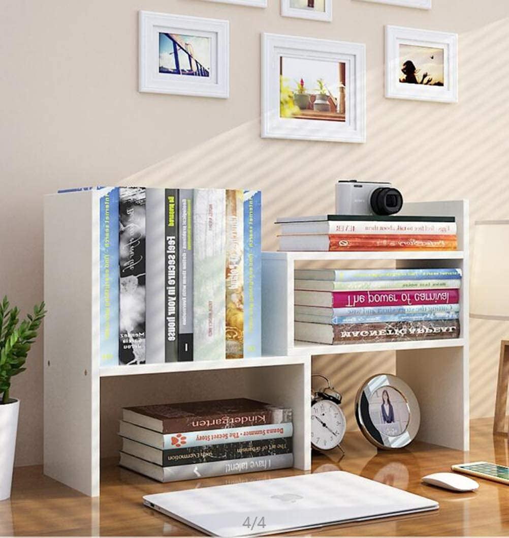 Desktop Bookshelf Adjustable Countertop Bookcase Office Supplies Wood Desk Organizer Accessories Display Rack,White