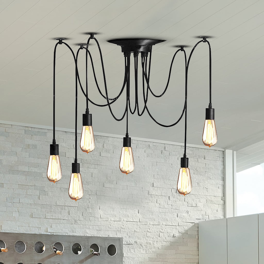 Rustic Faux Wood Beam Wrapped Hanging Multi Pendant Light with 8 E26 Bulb Sockets 480W Painted Finish Chandelier 
