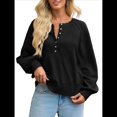 thumbnail image 2 of Suéter de Cuello Redondo con Botones para Mujer, Camisetas Henley de Larga de Otoño, Tops de Punto Holgados A Negro L, 2 of 8