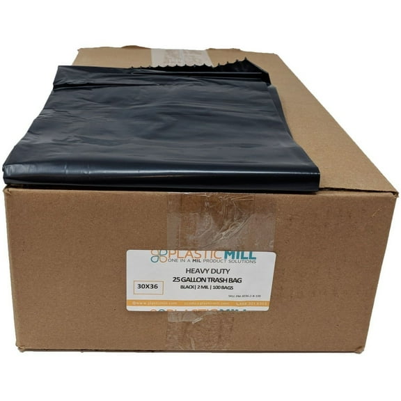PlasticMill 20-30 Gallon, Black, 2 MIL, 30x36, 100 Bags/Case, Heavy Duty, Garbage Bags / Trash Can Liners.