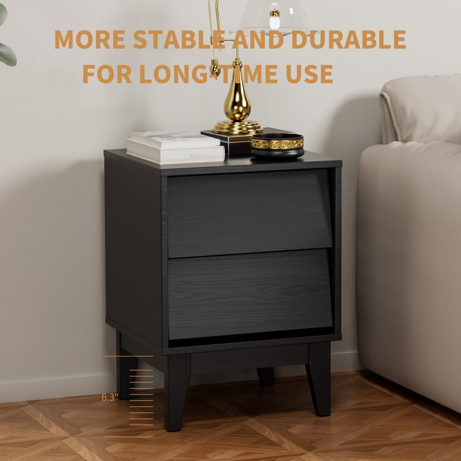 Set of 2 Mid Century Modern Nightstands with Drawer, Vintage Style Beveled Design Bedside Tables, Wood Leg End Tables with Storage for Bedroom, Living Room, Black