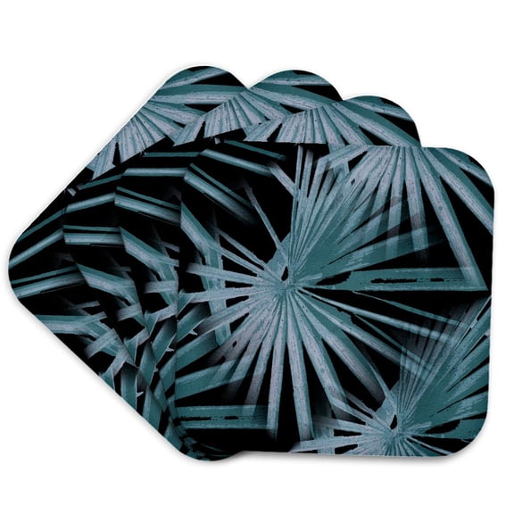 3drose, Aqua on Black Tropical Vibes Beach Palm Tree Vector, Set of 4 Coasters - Soft