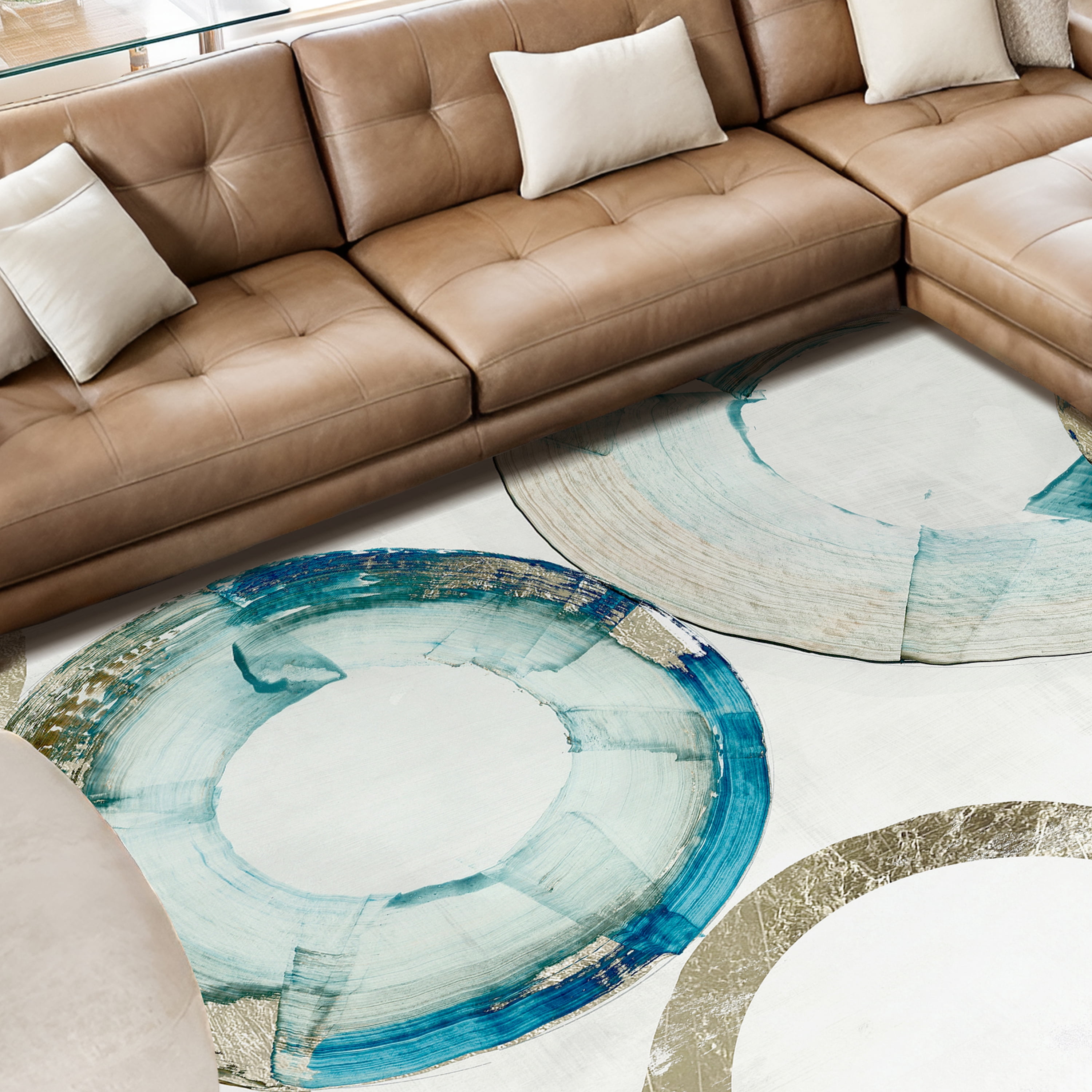 Blue Gold Rings Washable Geometric Art Area Rug size 8'x10', Power-loomed, Heavenly Softness with Non-Slipping Backing