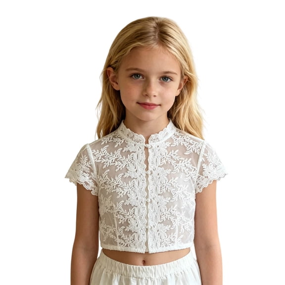 Tiijoy Girls Lace Short Sleeve Layer Shirt Casual Solid Layering Shirt Top, Sizes 7-14