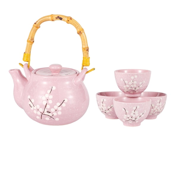 Japanese Plum Blossom Design Tea Set 27 fl oz Teapot with 4 Cups Serving Home Decor Asian Fusion Housewarming Decor (Pink)