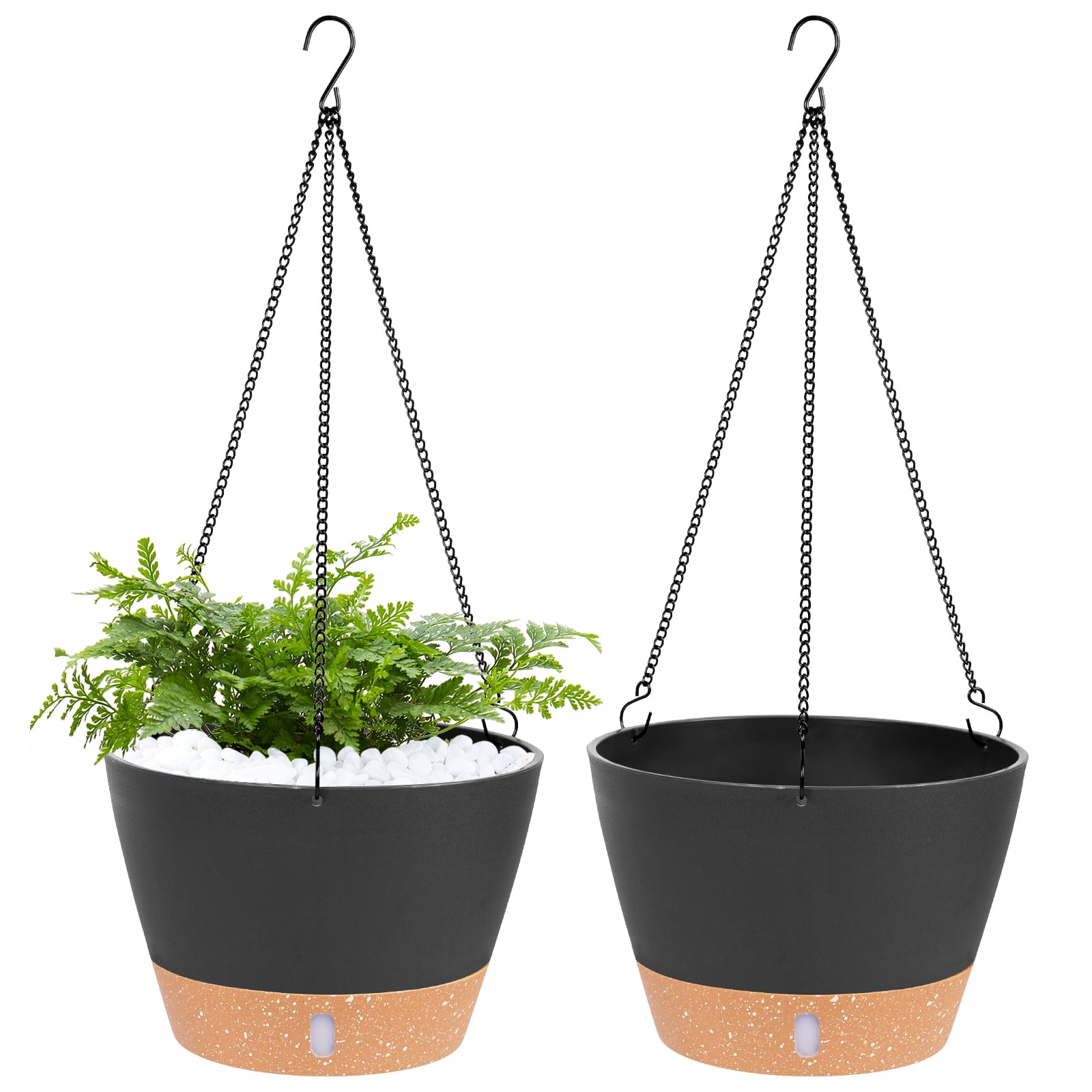 QCQHDU 2 Pack 8 inch Plastic Black Hanging Planters with 3 Hooks, Hanging Plant Pot Basket with