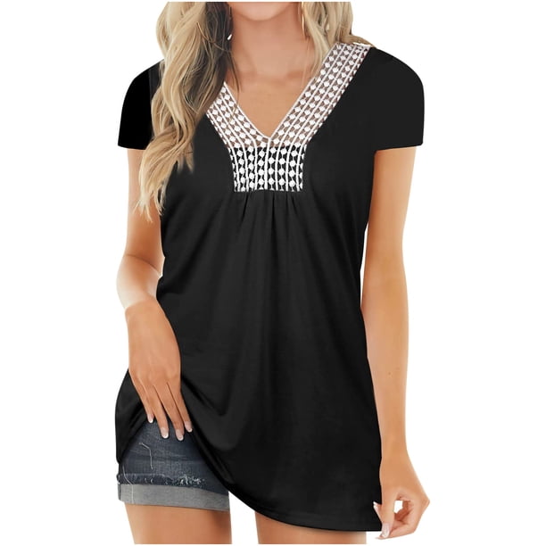 Blusa informal de manga corta con cuello en V para mujer con encaje sólido informal Fridja hjk4295
