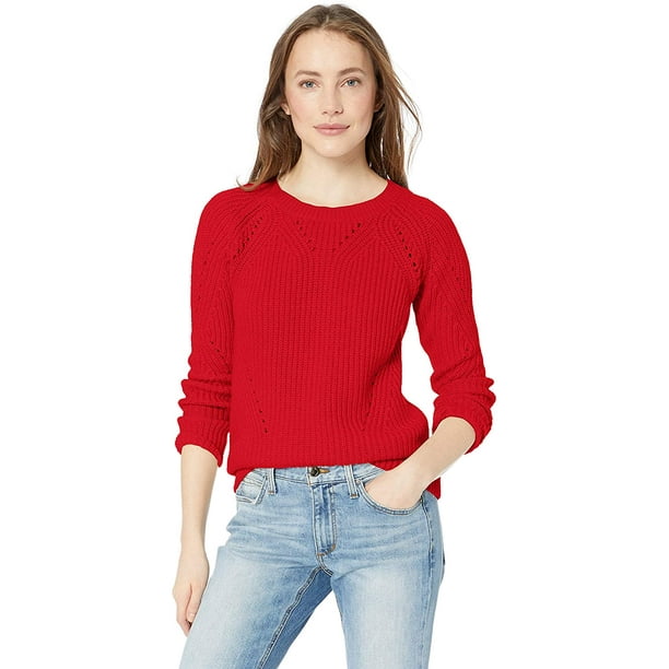 Lucky Brand Women's Scoop Neck Solid Pointelle Sweater, red, XL