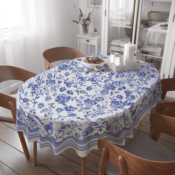 Oval Tablecloth - 60 x 84 Inch Blue Floral Rustic Tablecloth Classic French Country Printed Table Cover for Farmhouse Decoration, Suitable for Home, Kitchen, Indoor and Outdoor Dining Table