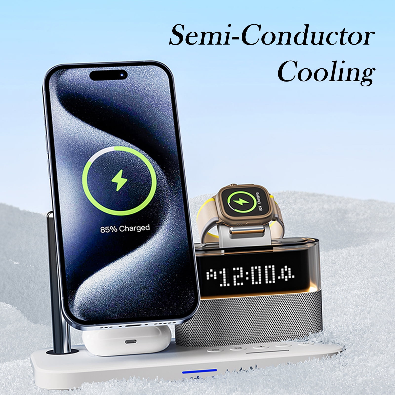 4 in 1 Wireless Charging Station Alarm Clock, Charging Dock for Apple Devices, Charger Stand for iPhone 16 15 14 13 12 11 Pro Max for Apple Watch & AirPods