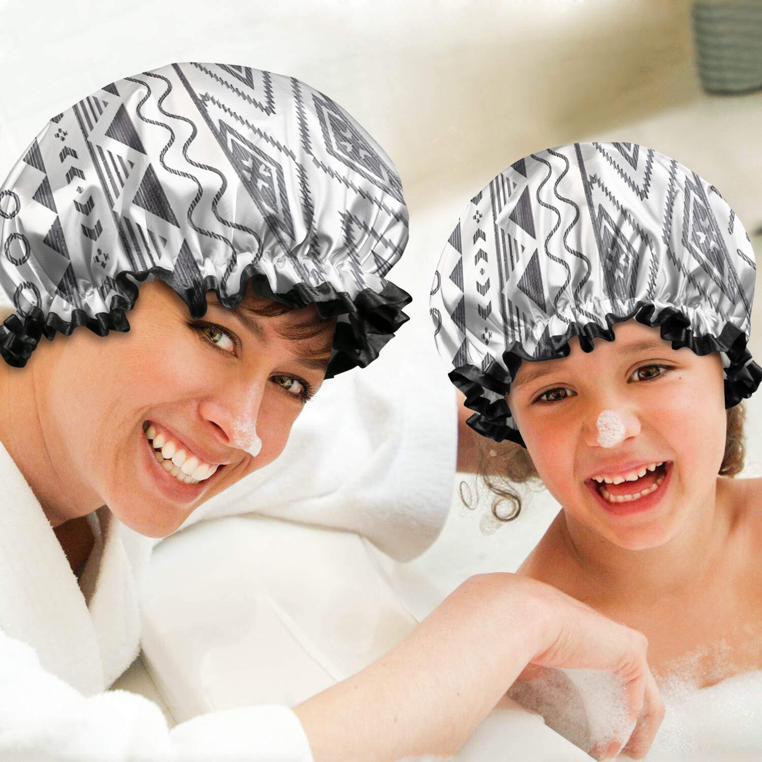 Shower Caps,White Geometric Diamond Wave Pattern Waterproof Shower Cap for Women 4 Pieces,Double Reusable Hair Cover for Shower PEVA Elastic Stretch Hem