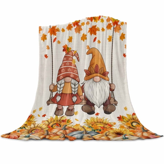 Pumpkin Gnome Flannel Blanket for Bed,Travel and Camping, Sunflower Maple Leaf Fall Thanksgiving Retro Super Soft Cozy Blanket for All Seasons 30"x40"