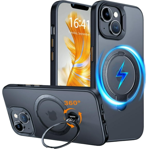 Upgraded Magnetic 360° Spin Stand for iPhone 14 Case [Compatible with MagSafe][Military Protection] Translucent Slim Back Anti-Fingerprint, Phone Case iPhone 14 6.1'', Black
