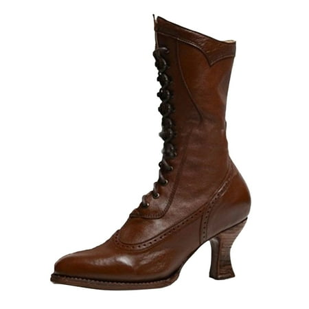 

TAIAOJING Womens Boots Mid Calf Boots Autumn And Winter Fashion Foreign Trade Europe And The United States British Pointed Toe Square Heel Lace Up Casual Shoes