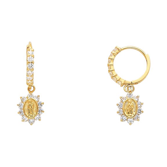 Solid 14k Yellow Gold Virgin Mary Huggie Earrings Guadalupe Huggies Hoops CZ Dangle Charm Fancy 12 mm