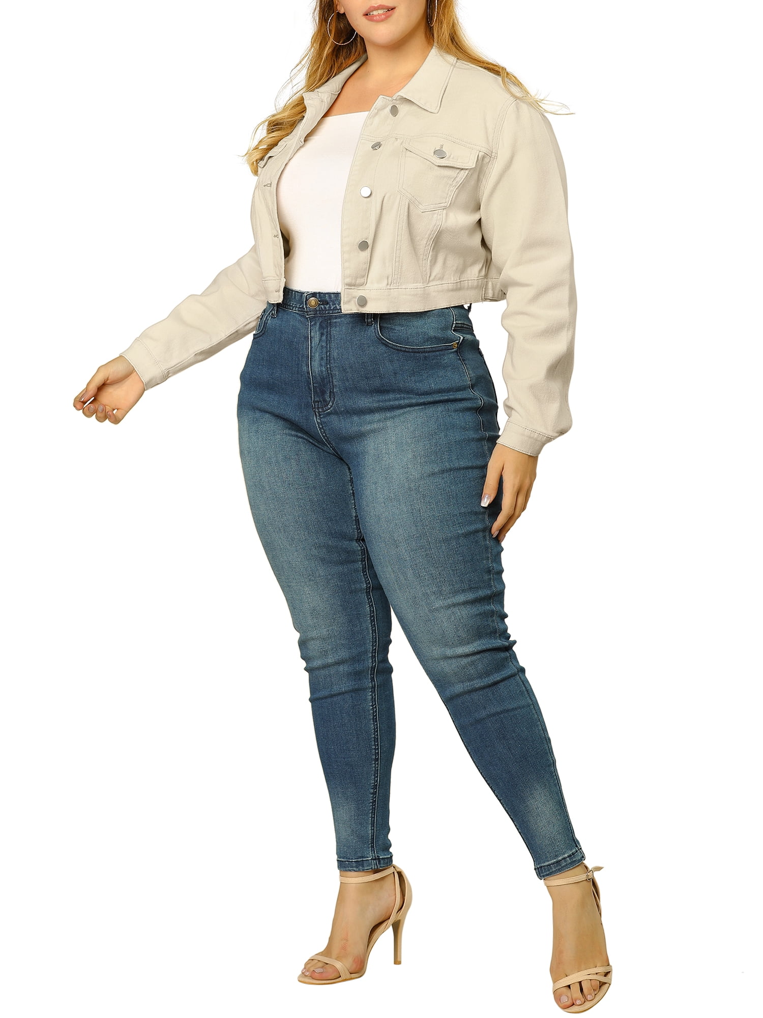 Unique Bargains Women's Plus Size Long Sleeve Jean Button Cropped Denim Jacket