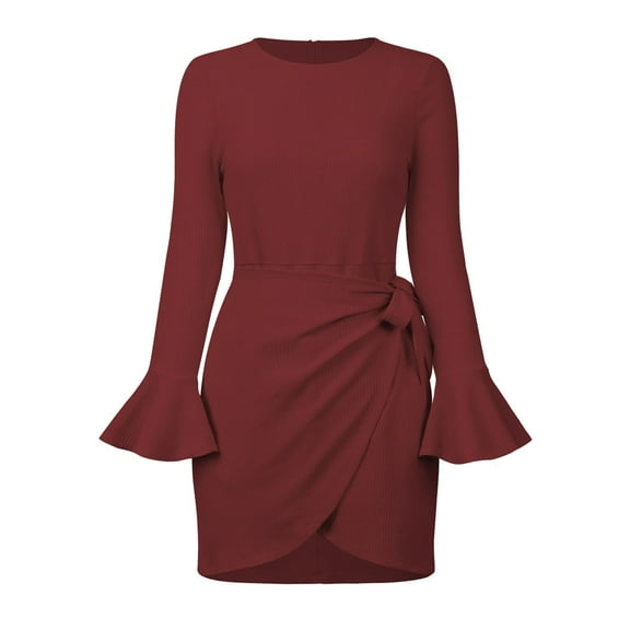 Casual long-sleeved frilly wrap skirt crew neck belted waist short skirt solid color party dress