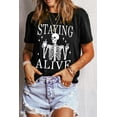 thumbnail image 2 of Women's Black STAYING ALIVE Funny Skeleton Print Round Neck T-Shirt - [ZhiHiMeRi] | (US 4-6)S, 2 of 9