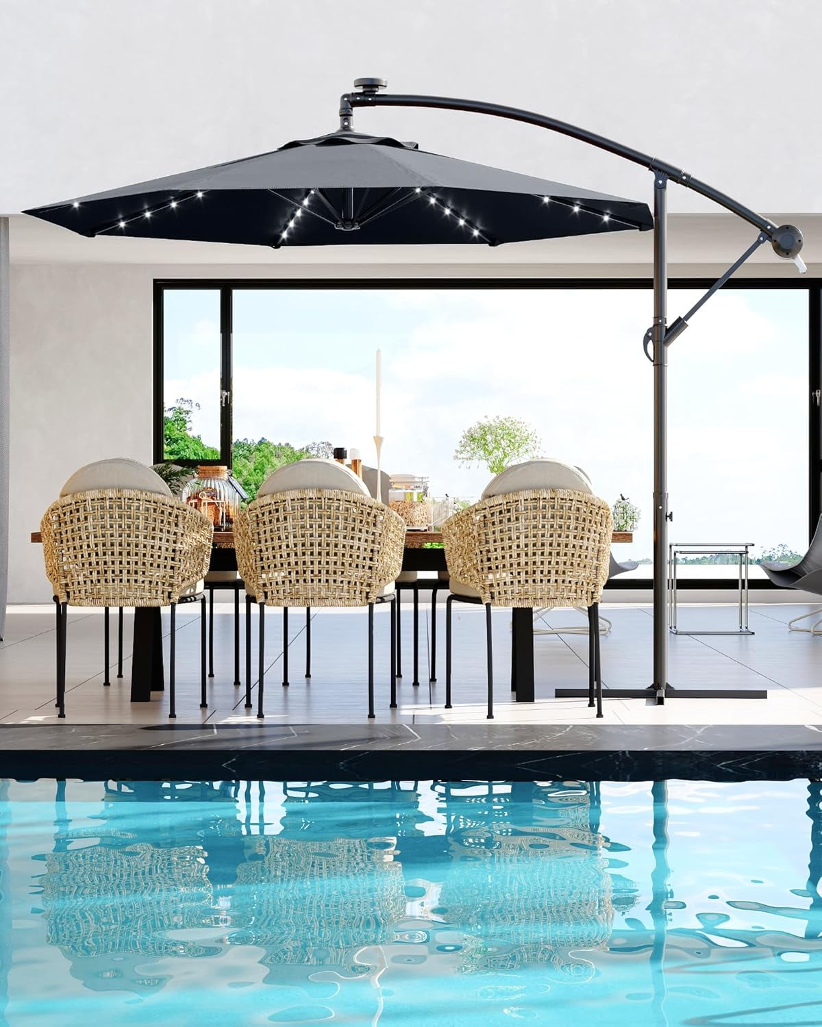 Memoryfield 10FT Outdoor Patio Hanging Offset Cantilever Umbrella with Solar LED Lights, Cantilever Market Umbrella with Cross Base, Gray