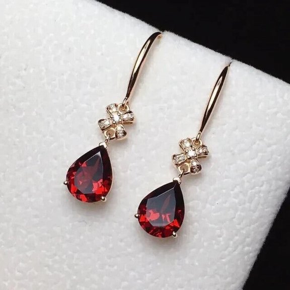 2Ct Lab Created Pear Cut Garnet/Diamond Earrings Dangle in 14K Plated Yellow Gold