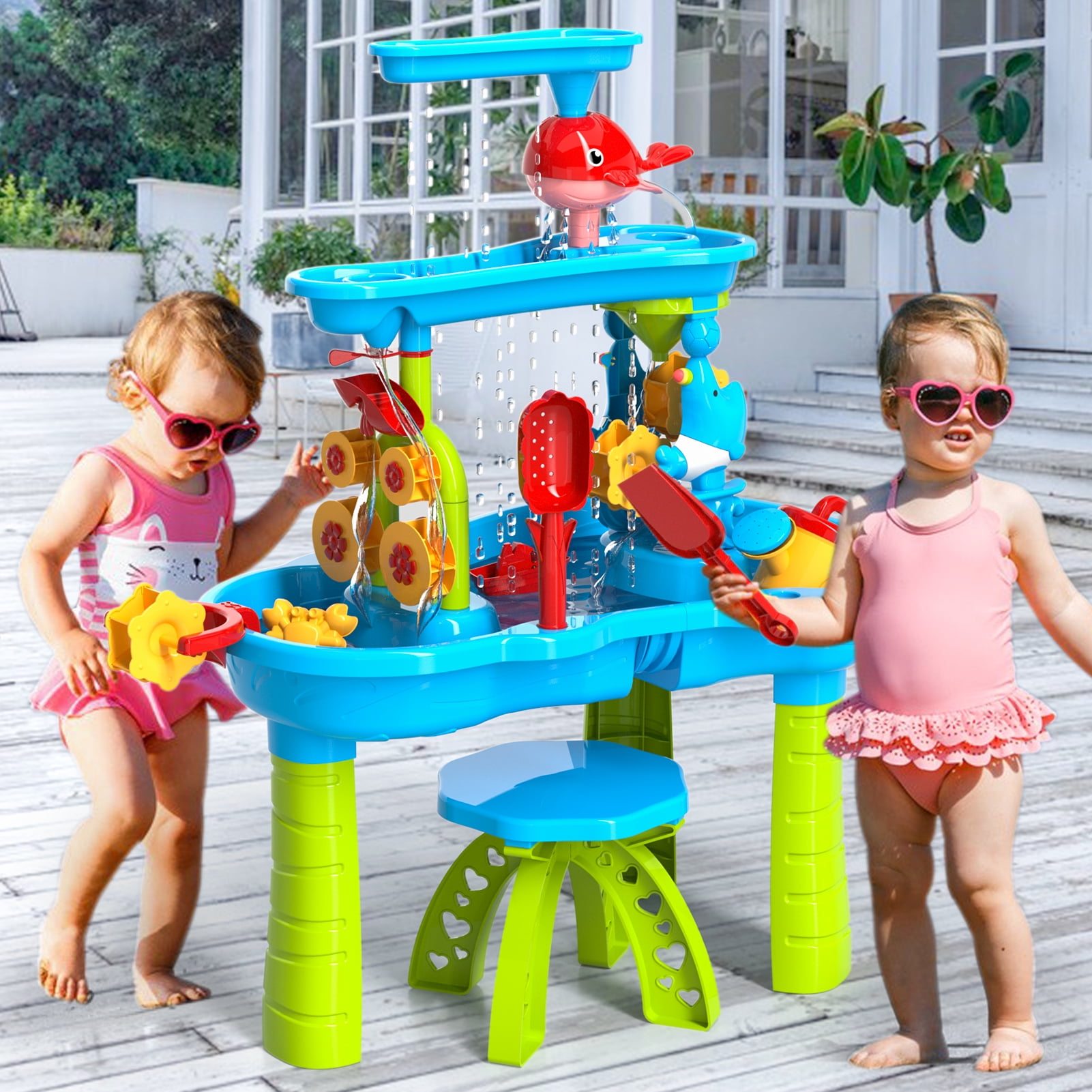 KukuFun Toddlers Water Table for Ages 1-5, Sand and Water Play Table for Toddlers, 3-Tier Outdoor Activity Table for Beach and Backyard
