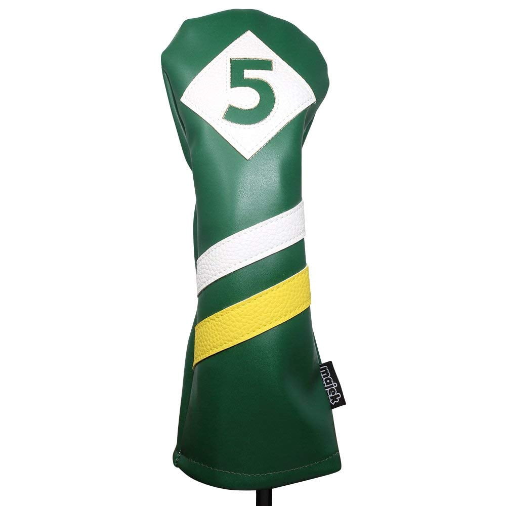 Majek Retro Golf Headcovers Green White and Yellow Vintage Leather Style 1 & 5 Driver Fairway Head Cover Fits 460cc Drivers Classic Look