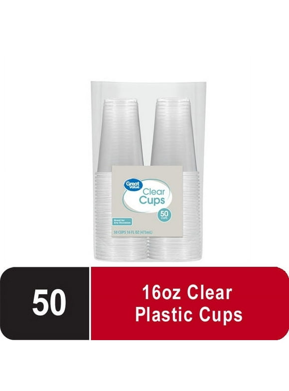 Great Value Disposable Plastic Cups, Clear, 16 oz, 50 Count
