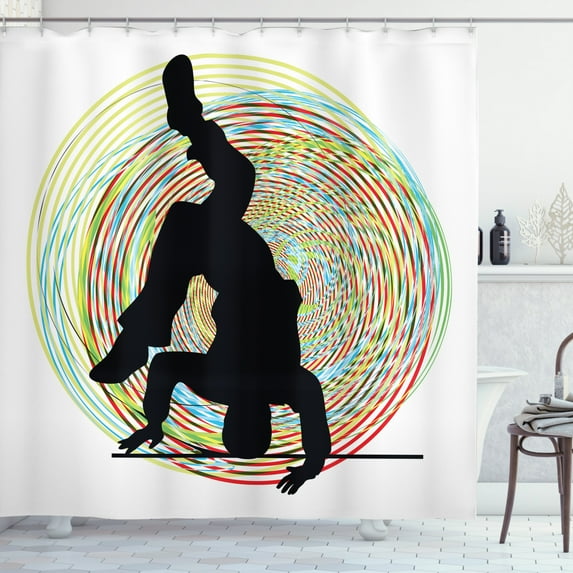 Hip Hop Shower Curtain, Teenage Hip Hop Dancer Dancing on Hand Stand Doing Head Spin Colorful Image Print, Fabric Bathroom Set with Hooks, 69W X 84L Inches Extra Long, Multicolor, by Ambesonne