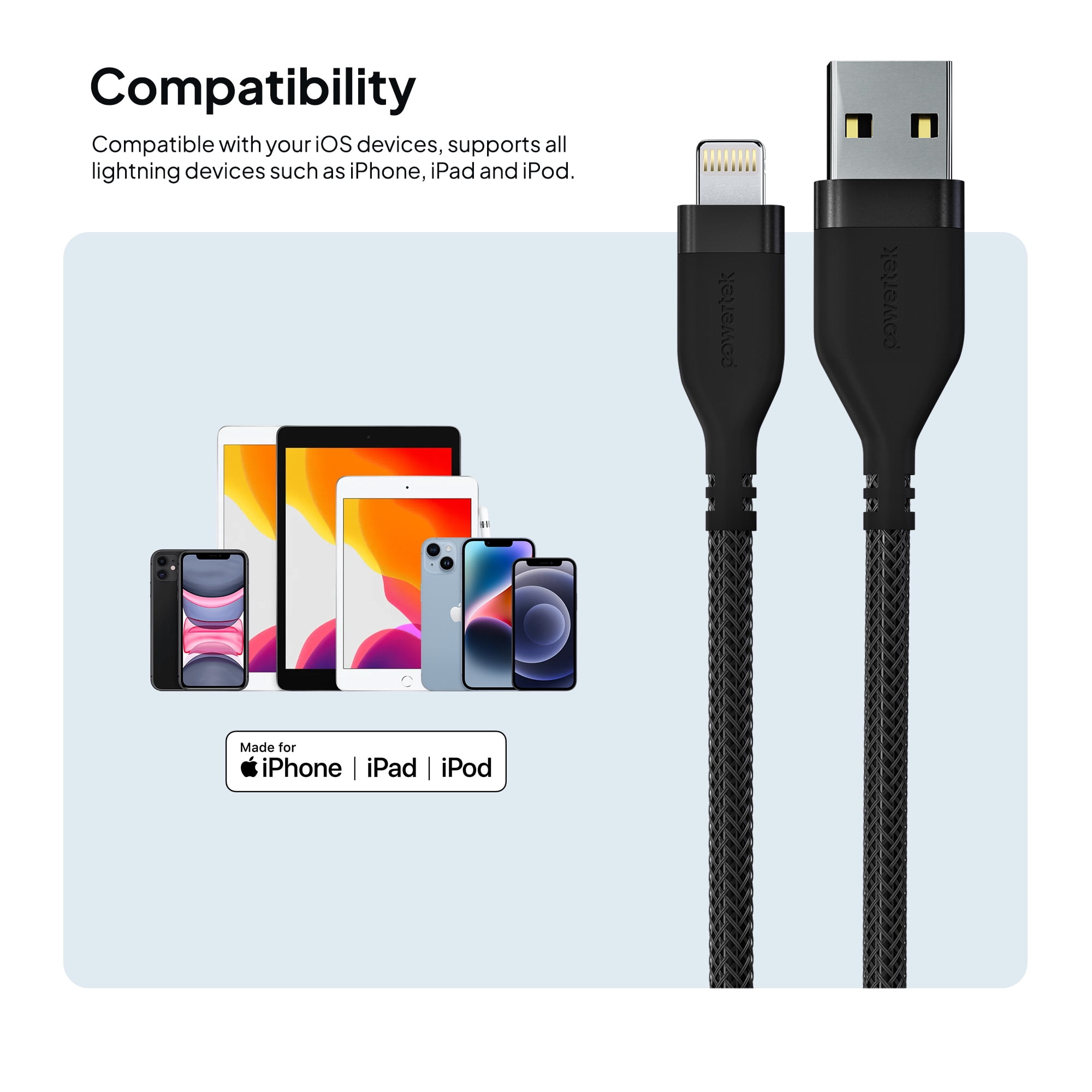 Powertek Ultra 6ft USB-A to Lightning Cable, Black, Silicone with PVC Mesh Jacket, Consistent Data Transfer, MFi Certified Charging Cable