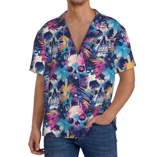 Fotbe cool Skull colorful Camisa Estampada de Manga Corta para Hombre, Casual de Verano, Estilo Playero, Sin Arrugas-4X-Large