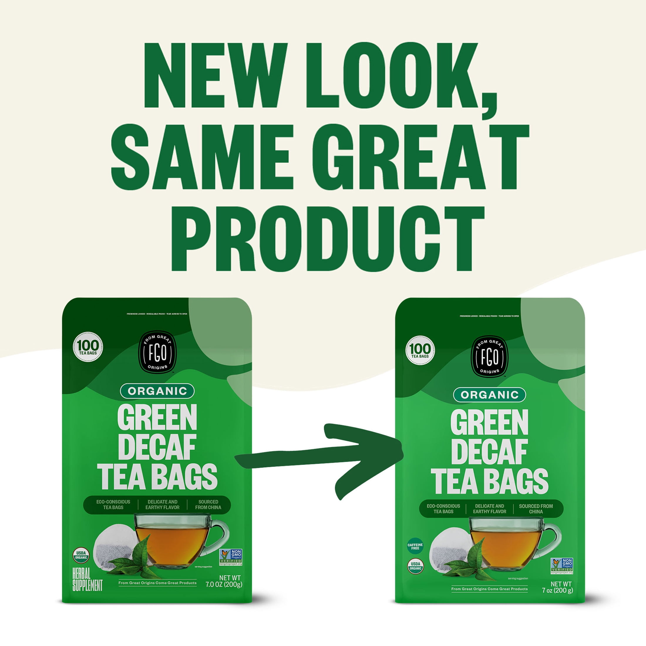 FGO Green Decaf Tea, Organic, Eco-Conscious Tea Bags (100 Count)