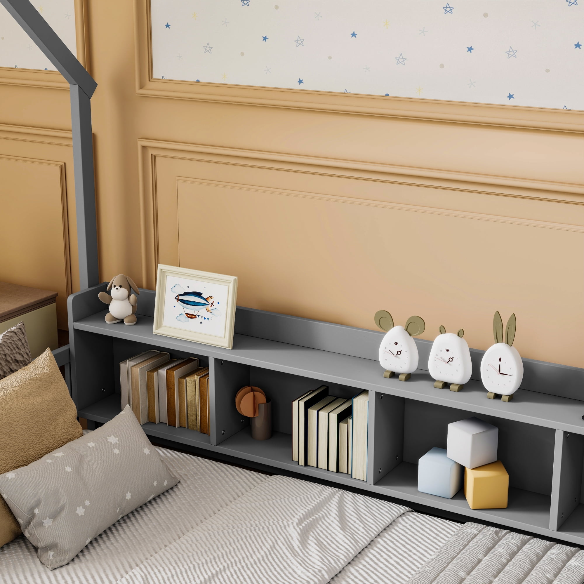 Leumius Twin Size House Floor Bed with Storage Shelves,Built-in LED Lights & Charging Station,Pine Wood Floor Bed Frame with Safety Guardrails for Kids Bedroom Grey