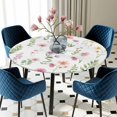 thumbnail image 5 of Elastic Fitted Round Tablecloth, Pink Spring Floral Waterproof Stretch Table Cover for 55"-60" Tables, Flowers Elegant Pastoral Leaves Washable Outdoor Tablecloths for Patio, Picnic, Camping, 5 of 9