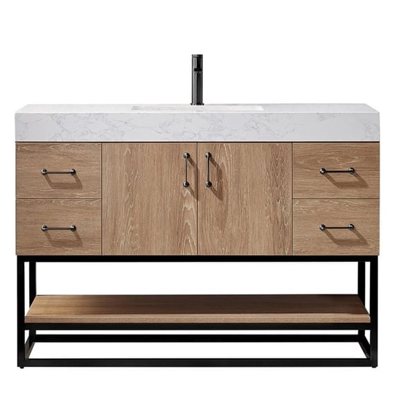 Pemberly Row 48" White Stone Top Oak Single Vanity Black Frame w/o Mirror