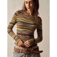 thumbnail image 6 of Women's  Multicolor Striped Ribbed Knit Long Sleeve Top Crew Neck Slim Fit Stretchy Fitted Pullover for Fall Spring Boho Retro Daily Outfits with Low Rise Denim Shorts and Belt, 6 of 8