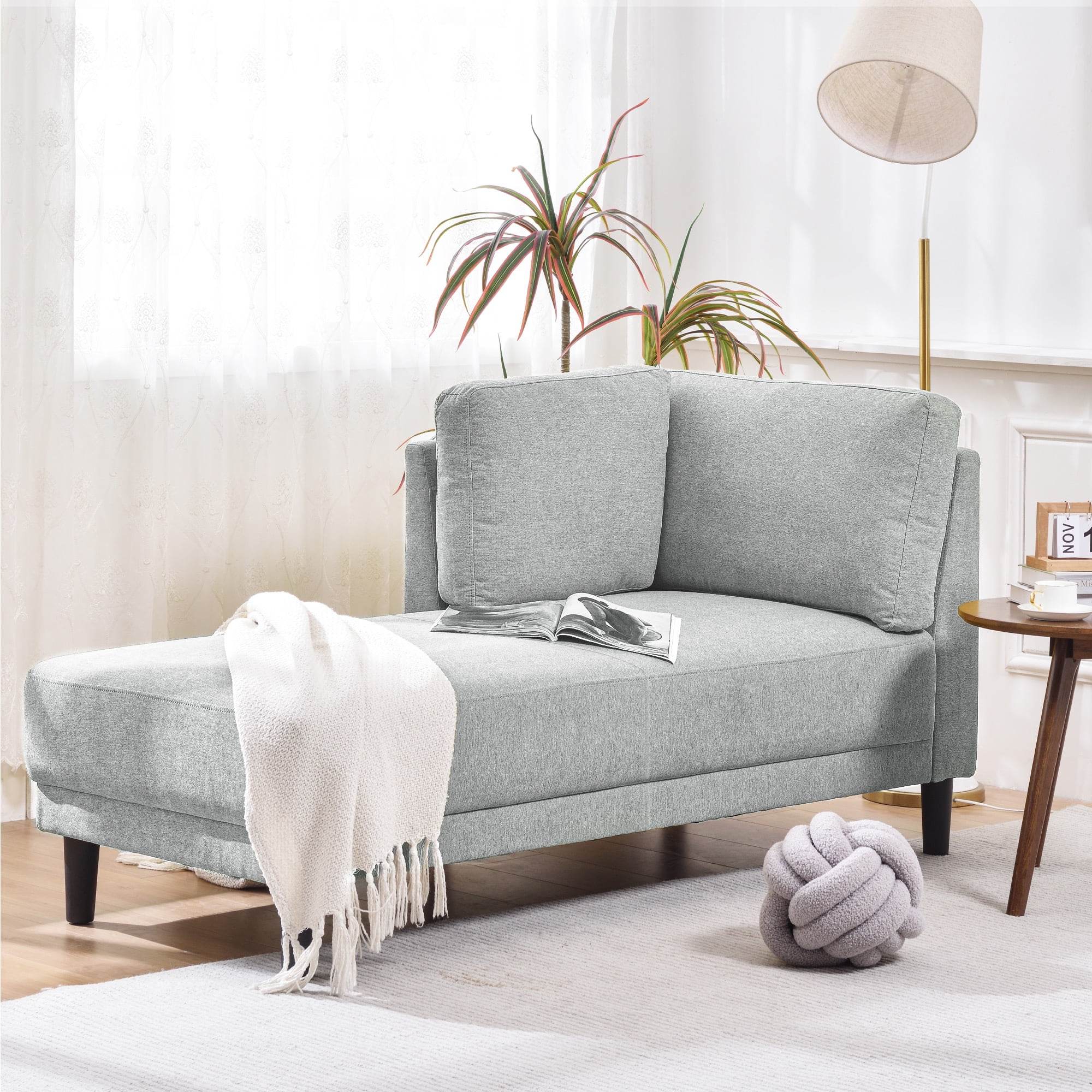 EUROCO 65" Mid-Century Modern Linen Fabric Corner Lounge Chair, Upholstered Indoor Chaise Lounge, Solid Wood Sleeper Sofa Bed for Bedroom, Office, Small Living Room & Apartment, Grey
