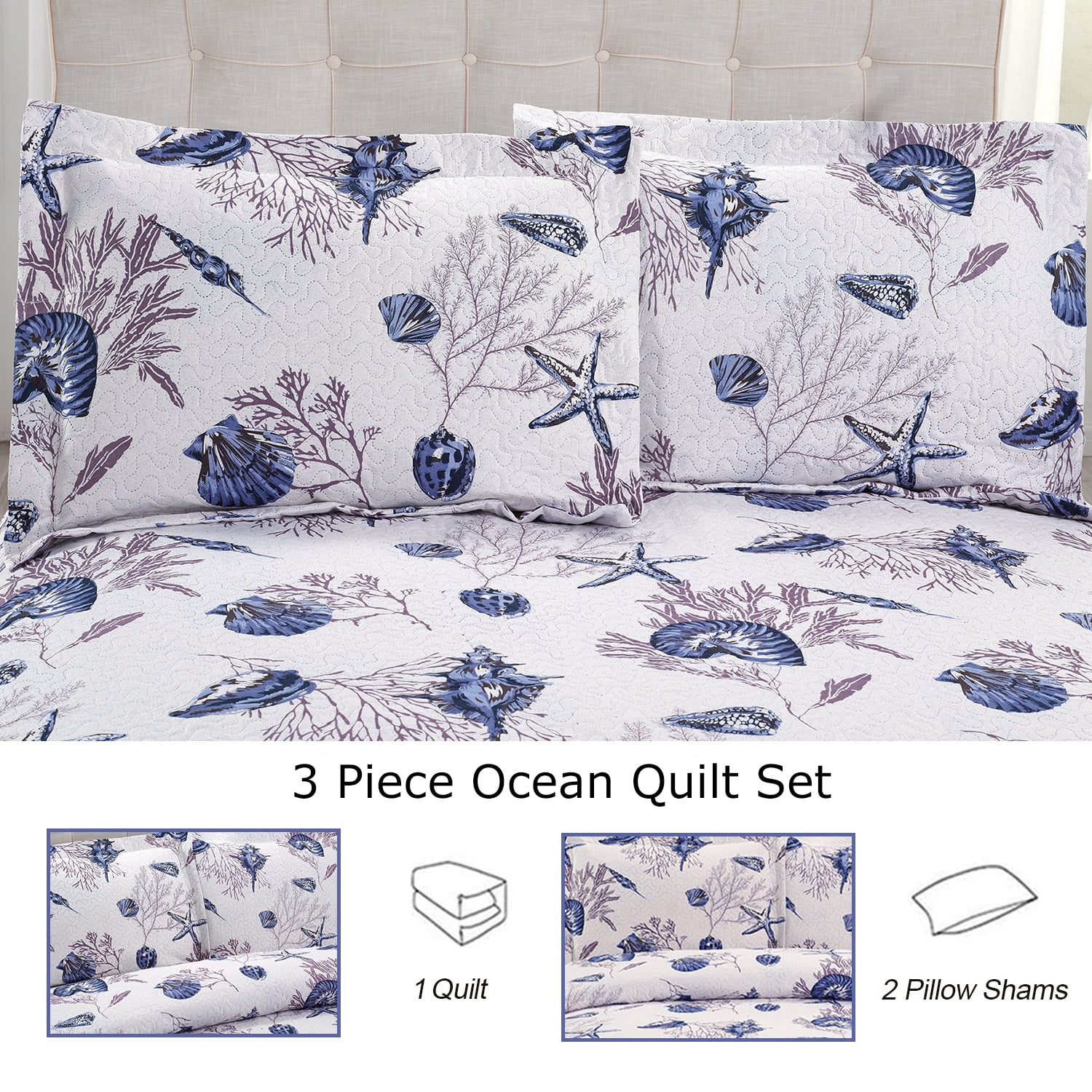 Beartech Ocean Quilt Set King Size White Dark Purple Conch Quilt Lightweight Reversible Microfiber Bedspread Coverlet Cabin Bedding Set