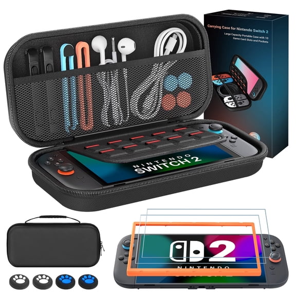 Carrying Case for Nintendo Switch 2 (2025 Upgrade) , Slim Hard Shell Travel Case with Game Card Slots & Storage Pouch , Includes 2 Tempered Glass Screen Protectors and Thumb Grips – Black