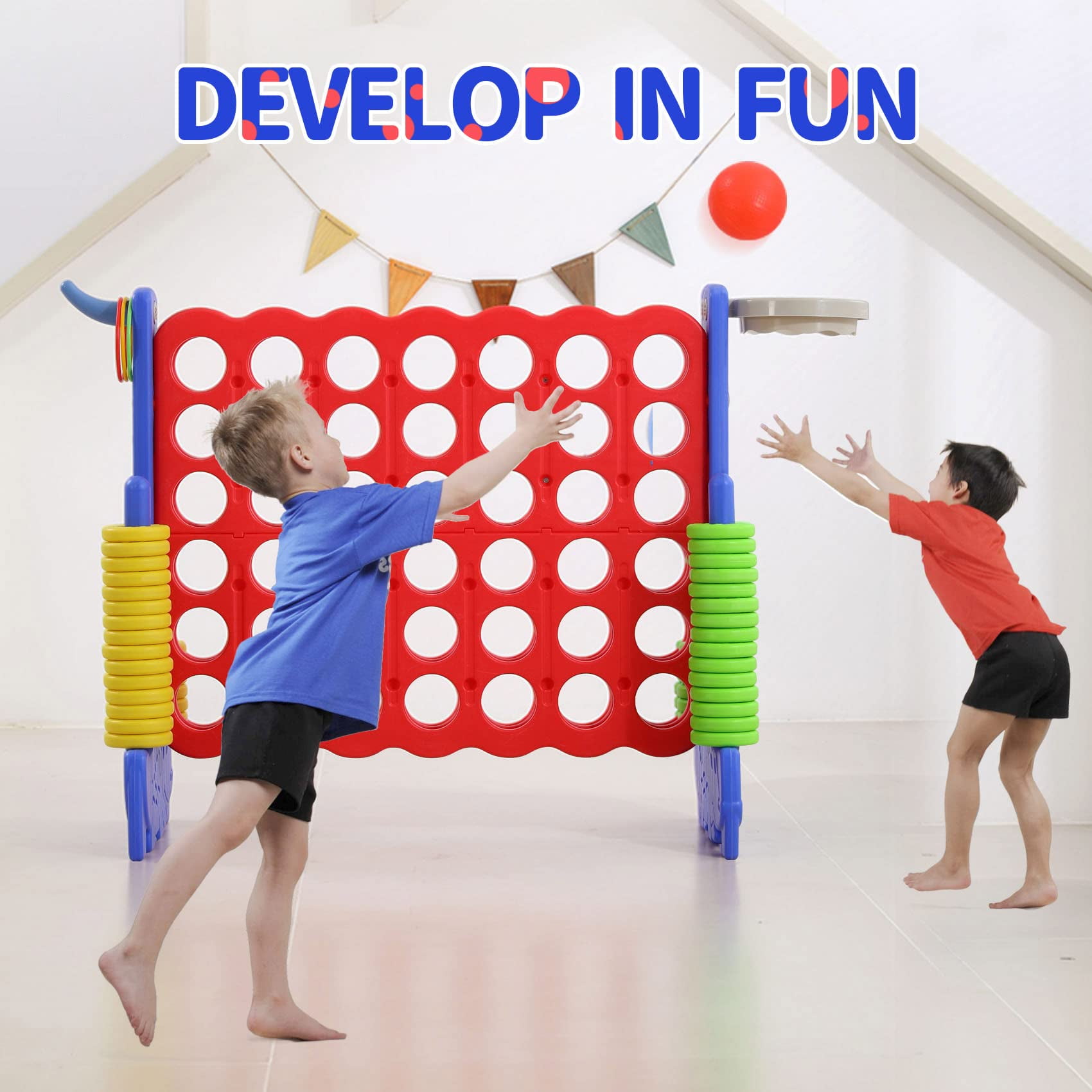 UNICOO® 3-in-1 Giant 4 in A Row Game, Featuring Basketball Hoop, Ring Toss Game & 4-to-Score Game. Perfect for Kids & Adults, Parties & Gatherings with Carrying Bag (Red + Blue)