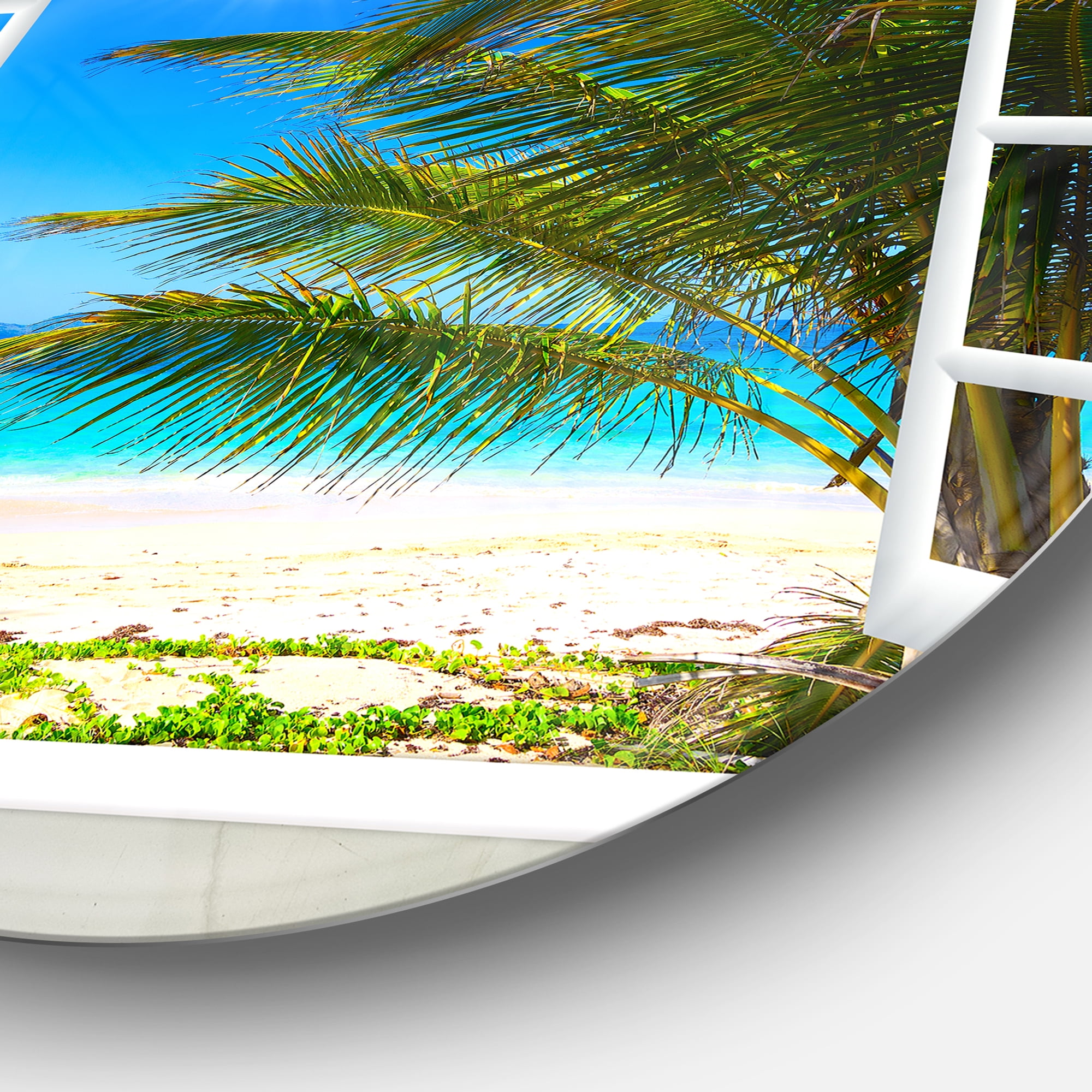 Designart 'Window Open to Beach with Palm' Extra Large Seashore Metal Circle Wall Art