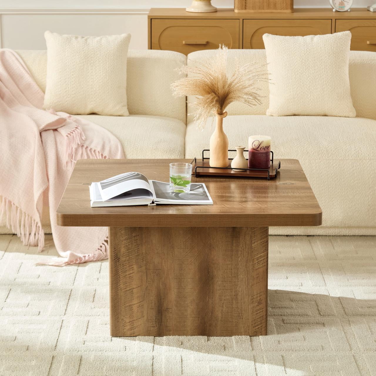 Spruce & Spring 31" Square Lift Top Coffee Table with Storage & Charging Station, USB-A & USB-C Ports, Center Table with Round Corner for Living Room, Natural Wood Finish
