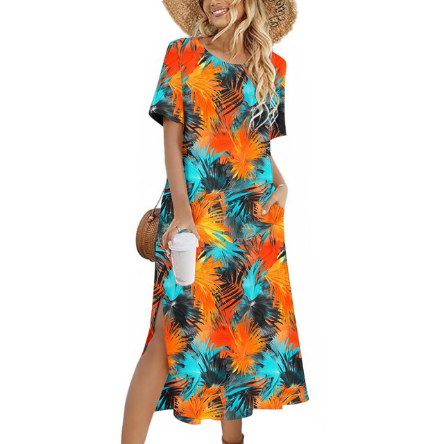 Ovzne Robes d'Été pour Femmes 2025 Robe Unie Ample Décontractée Mode Manches Longues Robe à Col Manches Longues Grande Taille Robe Maxi Manches Longues Imprimée