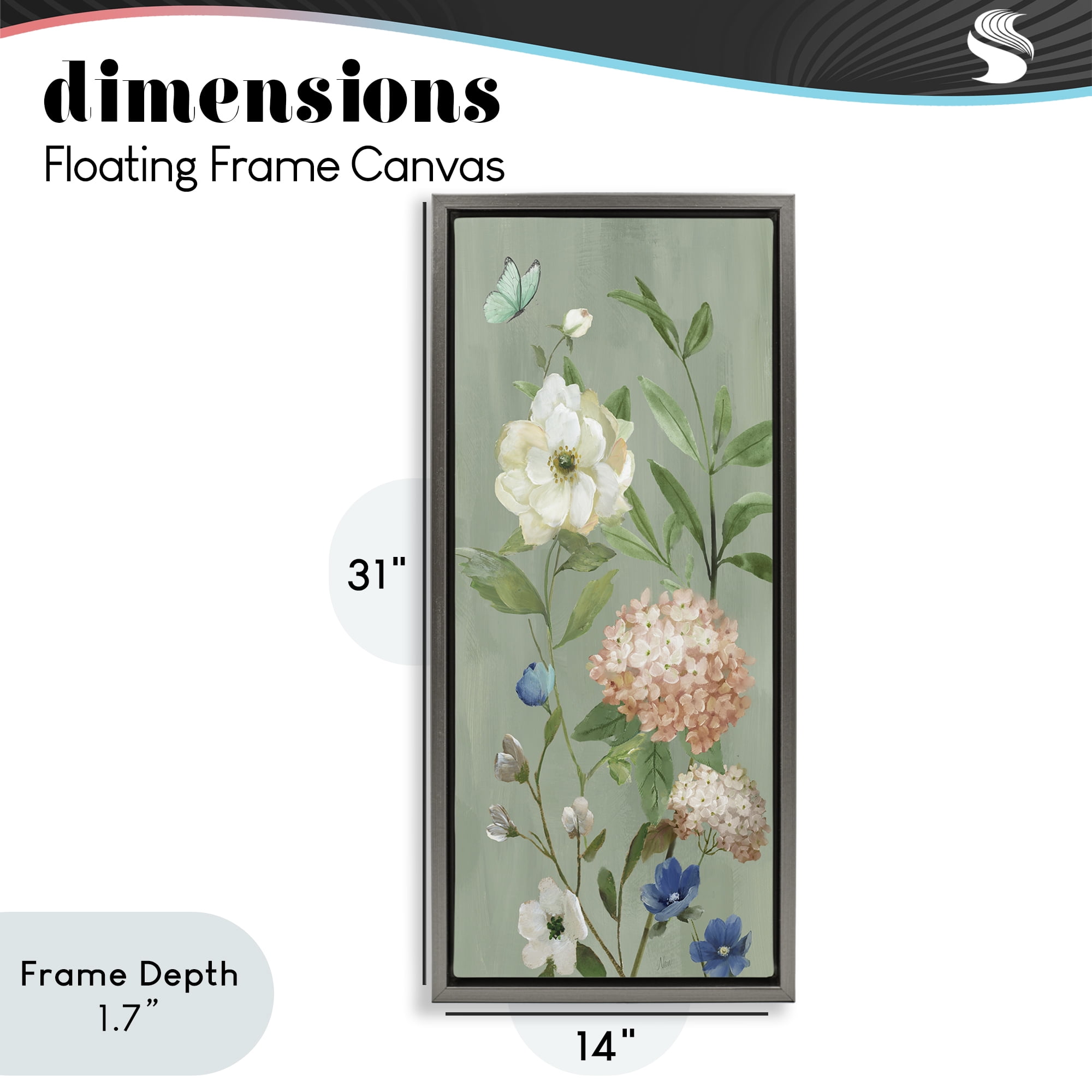 Stupell Industries Mint Floral Cluster & Butterfly Gray Framed Floater Canvas Wall Art, design by Nan