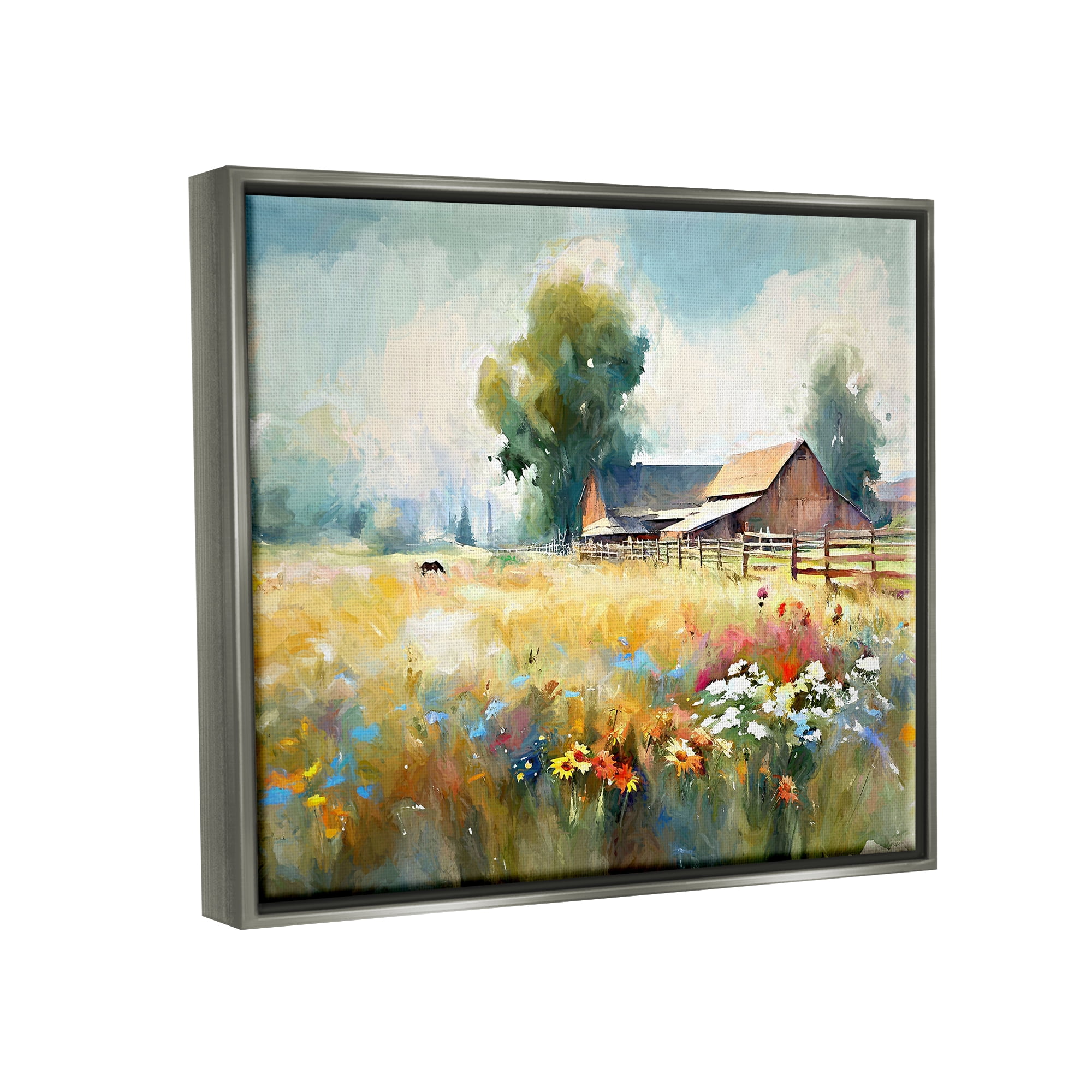 Stupell Industries Barn in Meadow Painting Landscape Painting Gray Floater Framed Canvas Art Print Wall Art, 21 x 17