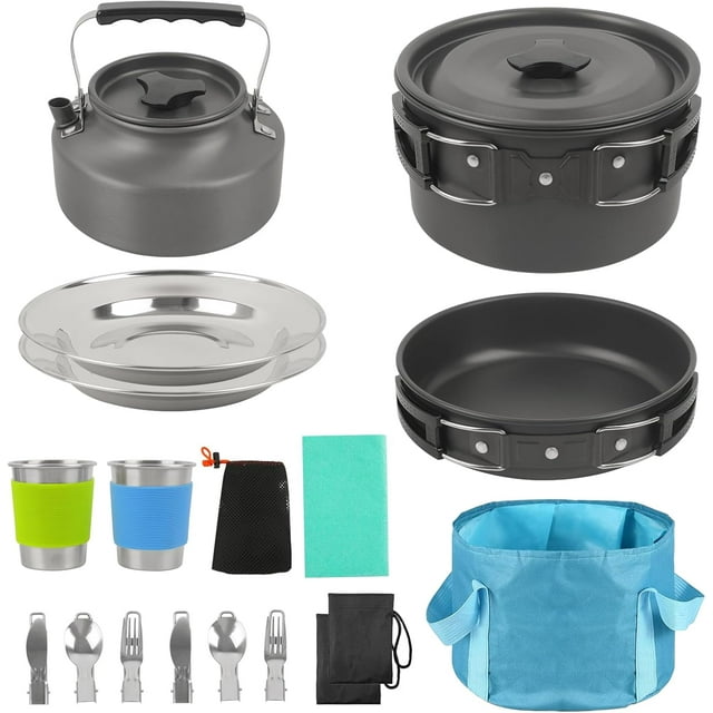 Portable Outdoor Camping Cookware Set Piece Stainless Steel Cookware Set with Pot Pan & Kettle for Backing Hiking Travel Person Mess Kit with Utensils