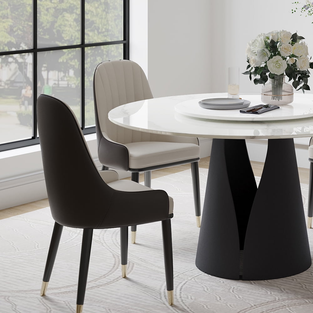 POVISON 59"Modern Round Black Kitchen Dining Table For 6 With Lazy Susan, Glossy Sintered Stone Tabletop, Solid Black Carbon Steel Base