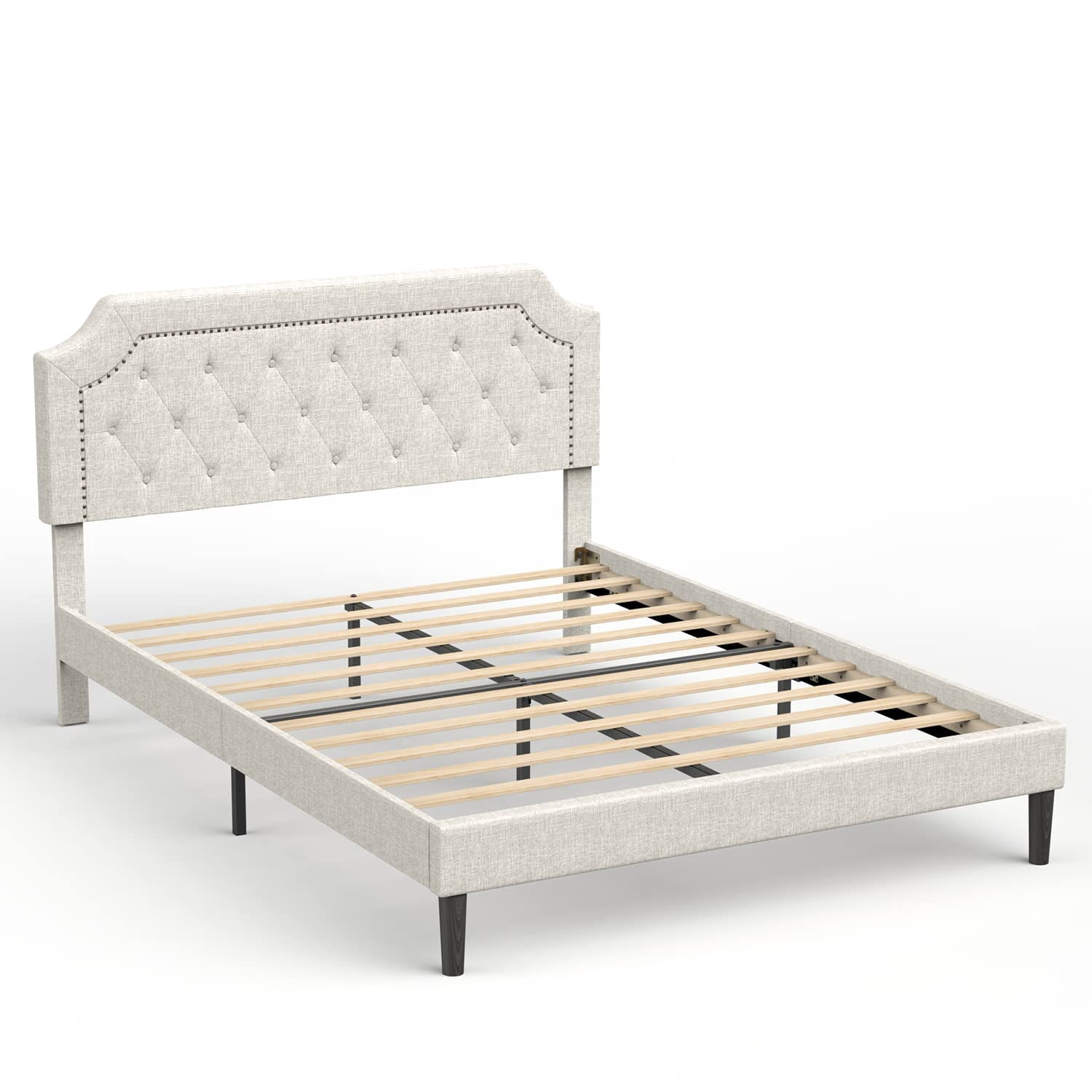 BONSOIR QUEEN Size Bed Frame Upholstered Low Profile Traditional Platform with Tufted and Nail Headboard/No Box Spring Needed/No Bed Skirt Needed/Linen Fabric Upholstery/Color of Sand