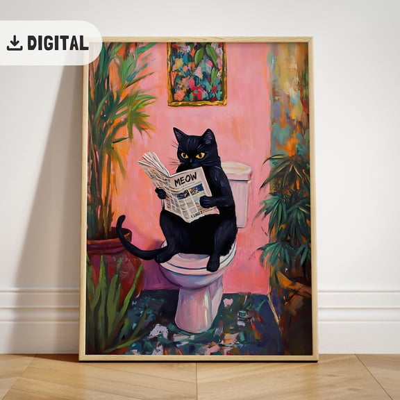 Black Cat Bathroom Poster, Cat Restroom Decoration, Wall Decor, Wc Art, Unframed Canvas Size 24x36