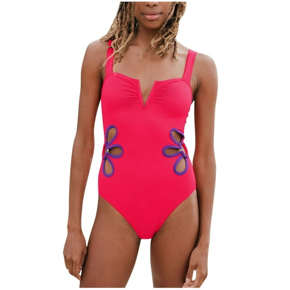 Women's Sexy One Piece Swimsuit Flower Hollow Side Ruched V Neck Cutout Tummy Control Bathing Suit Swimwear