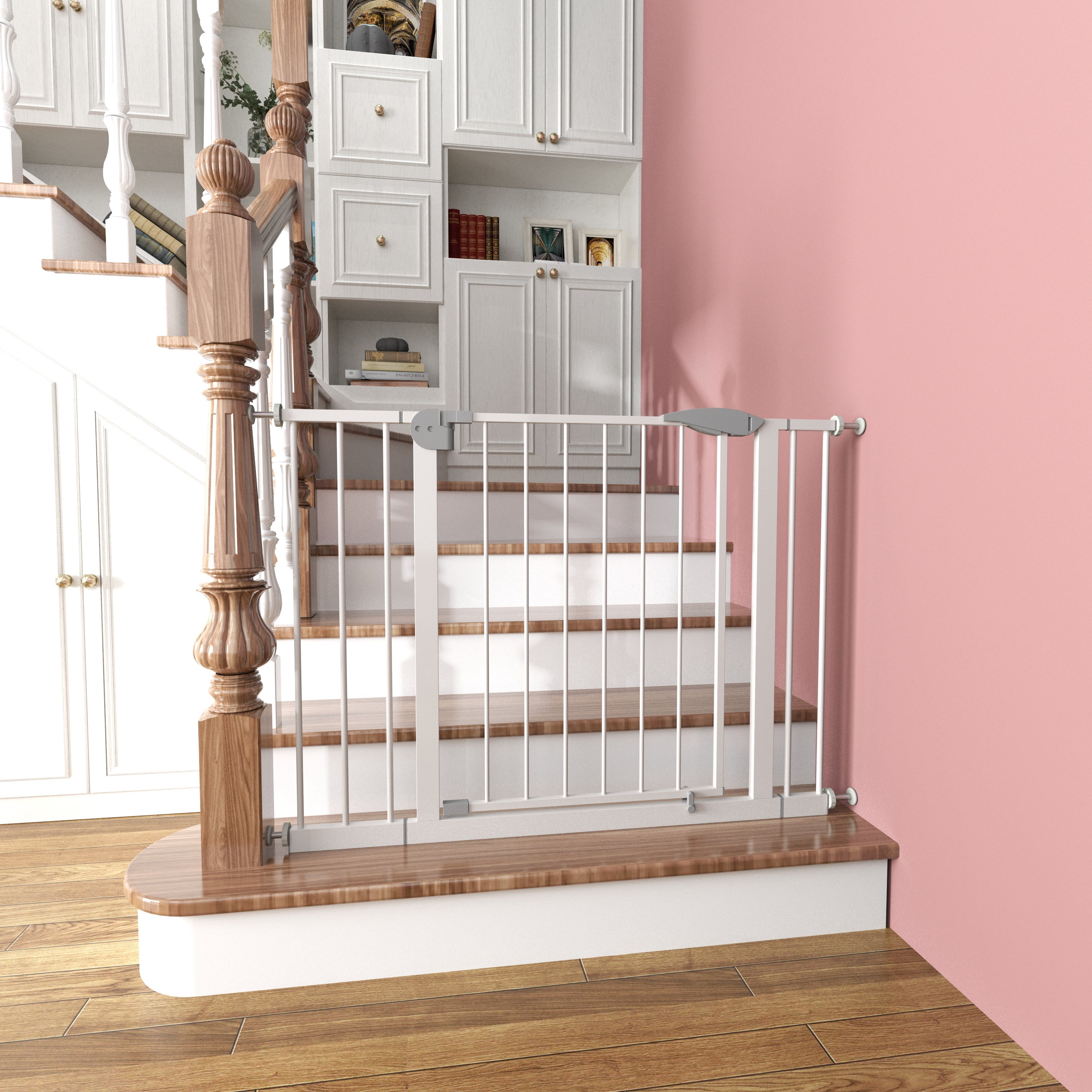 TrumanPick Easy Walk-Through Baby Gate, 29.5-45.3" Dog Gate with Pet Door for Doorways Stairways, Extra Wide Baby Gate, Auto Close Dog Gate Indoor, 31" Tall Pressure Mounted Dog Gate, White
